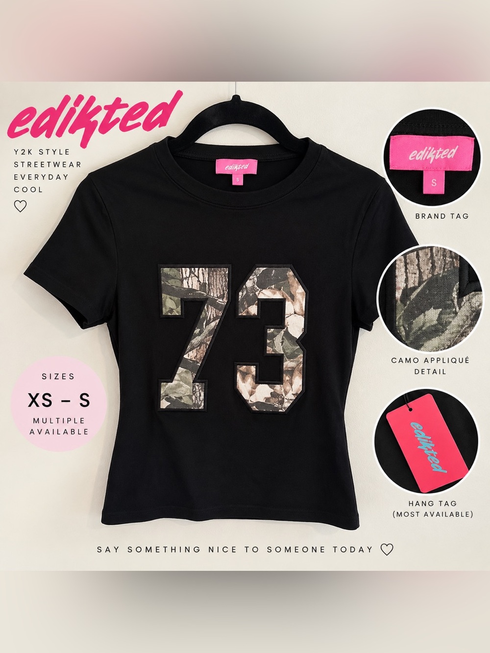 Edikted Black 73 Camo Graphic Baby Tee NWT XS S Streetwear